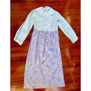 Vintage 50s 60’s Handmade JuniorWhite Lavender Lace Floral Prairie Dress XXS XS